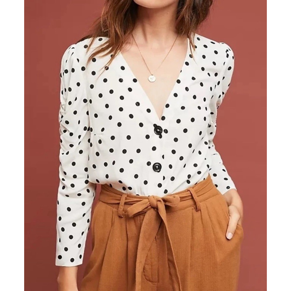 Maeve By Anthropologie Jourdain Blouse Size:M Polka Dot Ruched Sleeve